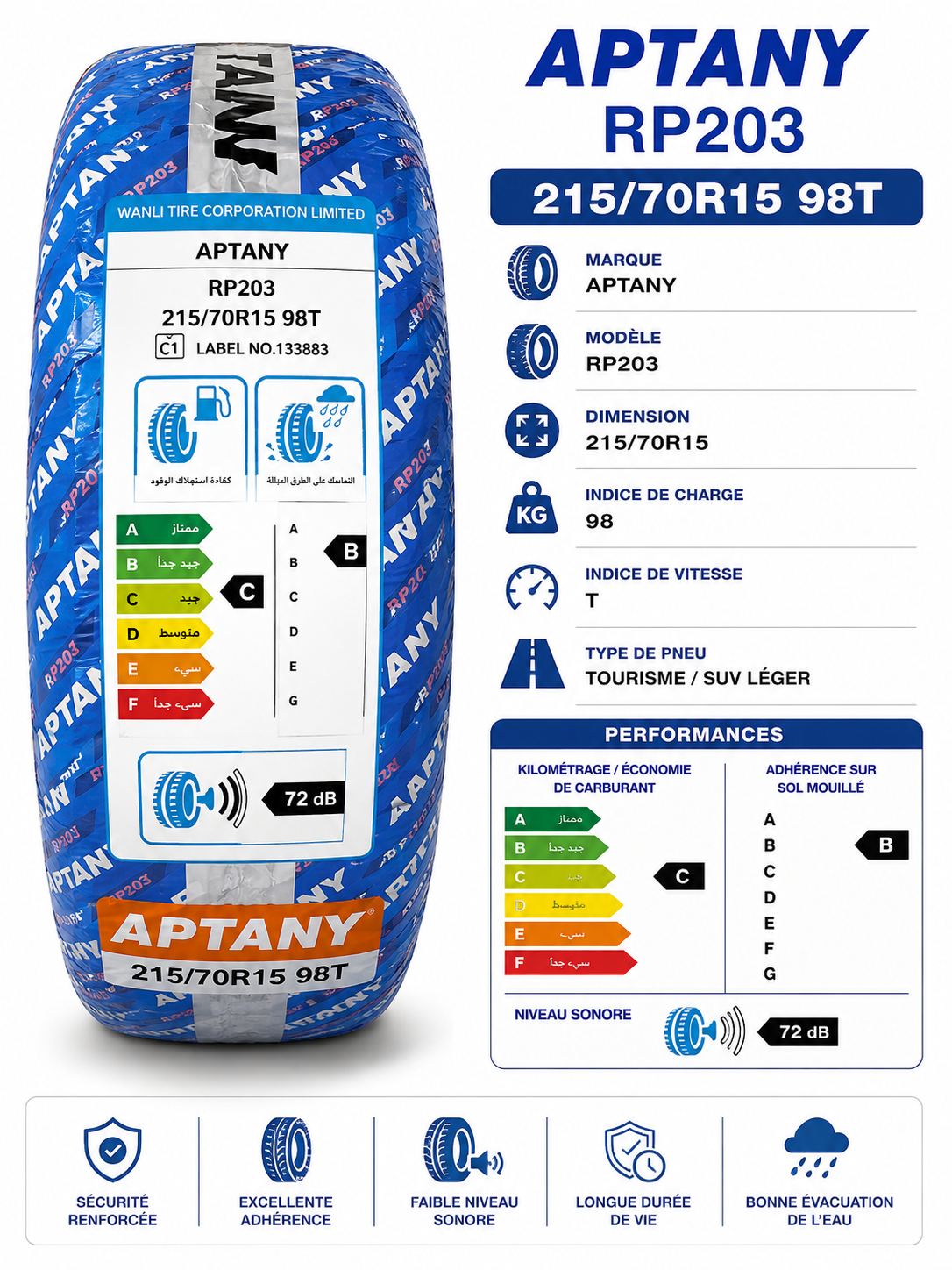 Pneu APTANY RP203 215/70R15 98T – Fiabilité et Confort de Conduite